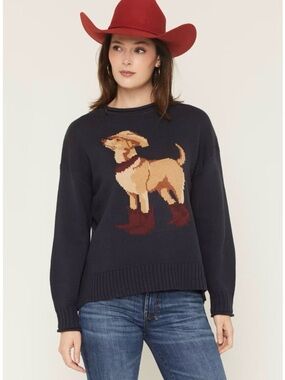 Wishlist Navy Sweater with Tan Dog Motif and Red Accents